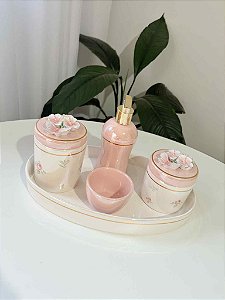 Kit higiene floral e rosa velho com filete de ouro 5 peças