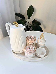 Kit higiene floral e tampas rosa velho com filete de ouro 6 peças