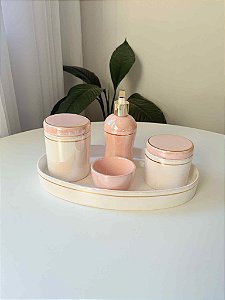Kit higiene branco e rosa velho com filete de ouro 5 peças