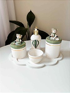 Kit higiene ursinho urso aviador baloeiro com filete de ouro 5 peças