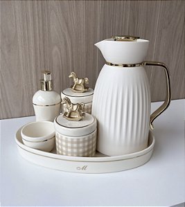 Kit higiene xadrez cavalo dourado com filete de ouro 6 peças