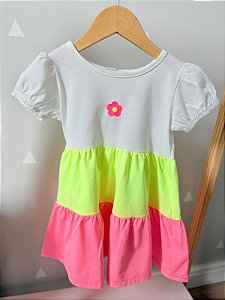 Vestido Infantil Colorido Flor Bordado Neon