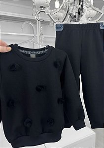 Conjunto Infantil Moletom Bolinhas Preto com pompom