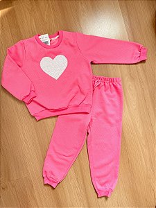 Conjunto Infantil Moletom Rosa Coração Paetês Térmico