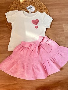 Conjunto Infantil Rosa Claro Paetês Corações short saia