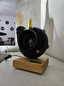 Luminária Turbina .70 + LED Filamento 4w 2200k + Base Madeira