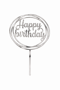 Topo de Bolo Acrílico Happy Birthday Redondo Prata – 18 cm x 12 cm