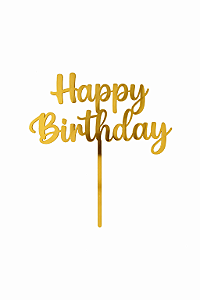 Topo de Bolo Acrílico Happy Birthday Dourado Mod. 1 – 18 cm x 12 cm