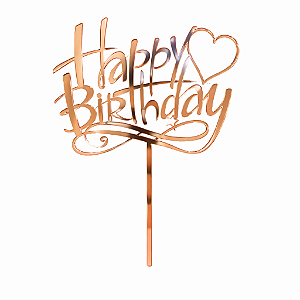 Topo de Bolo Acrílico Happy Birthday Coração Rose – 18 cm x 12 cm