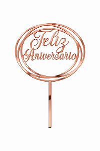 Topo de Bolo Acrílico Feliz Aniversário Redondo Rose Gold – 18 cm x 12 cm