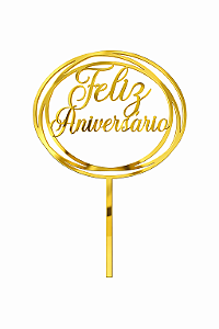 Topo de Bolo Acrílico Feliz Aniversário Redondo Dourado – 18 cm x 12 cm