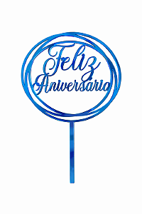 Topo de Bolo Acrílico Feliz Aniversário Redondo Azul – 18 cm x 12 cm