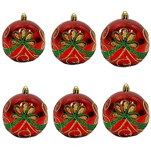 BOLA DE NATAL VERMELHA DECORADA  8CM 6 UNIDADES P15081