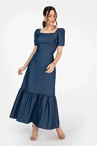Vestido Jeans Com Recorte Franzido