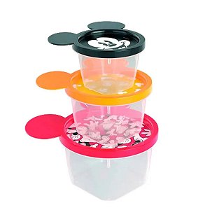 Conjunto de 3 Potes Conect Mickey Plástico Transparente Com Tampas Coloridas 130ml 240ml 430ml - Plasútil