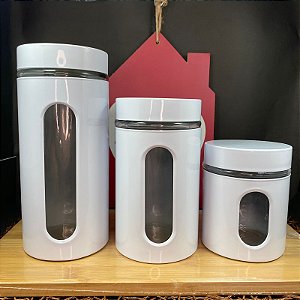 CONJUNTO DE POTE DE VIDRO COM INOX REDONDO  COM TAMPA BRANCO HAUSKRAFT -  3 PECAS 600/900/1200ML