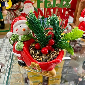 ENFEITE DE PORCELANA NATAL PAPAI NOEL/ BONECO DE NEVE NO TRENO COM FLOR ARTIFICIAL
