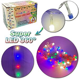 PISCA PISCA NATAL 100 LEDS COLORIDO SUPER LED 360 127V 9M 8 FUNCOES FIO TRANSPARENTE