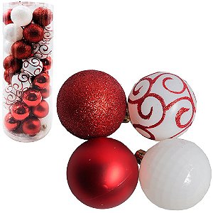 BOLA DE NATAL MISTA FOSCA / LISA / GLITTER / DECORADA VERMELHA COM 40 PECAS 5CM DE Ø