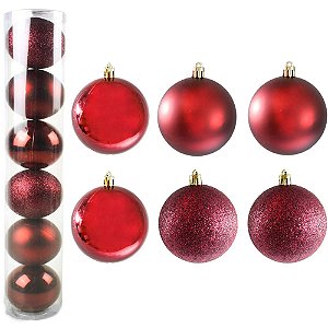 BOLA DE NATAL MISTA FOSCA / LISA / GLITTER VINHO COM 6 PECAS 8CM DE Ø