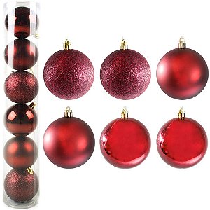 BOLA DE NATAL MISTA FOSCA / LISA / GLITTER VINHO COM 6 PECAS 7CM DE Ø