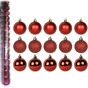 BOLA DE NATAL MISTA FOSCA / LISA / GLITTER VINHO COM 15 PECAS 4CM DE Ø