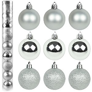 BOLA DE NATAL MISTA FOSCA / LISA / GLITTER PRATA COM 9 PECAS 6CM DE Ø
