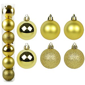 BOLA DE NATAL MISTA FOSCA / LISA / GLITTER DOURADA COM 6 PECAS 7CM DE Ø