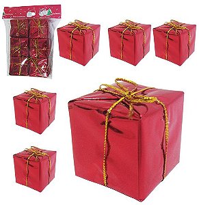 ENFEITE CAIXINHA PRESENTE VERMELHO 3,5CM COM 6 PECAS