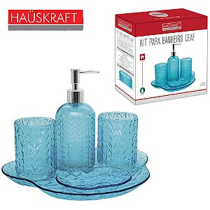 JOGO PARA BANHEIRO DE VIDRO LEAF AZUL HAUSKRAFT COM 5 PECAS NA CAIXA