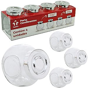 PORTA CONDIMENTO DE VIDRO COM TAMPA DE PLASTICO METALIZADO PRATA 4 PECAS 200ML