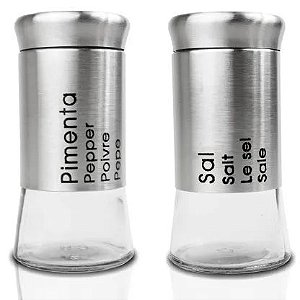 KIT SALEIRO E PIMENTEIRO 2 PEÇAS EM AÇO INOX E VIDRO