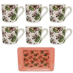 JOGO DE XICARA DE CERÂMICA COM BANDEJA DE MELAMINA PARA CAFE 7 PECAS 85ML
