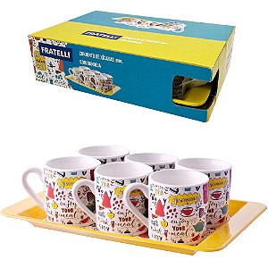 JOGO DE XICARA DE PORCELANA COM BANDEJA DE MELAMINA PARA CAFE 7 PECAS 85ML