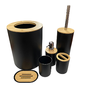 Kit pra Banheiro Bambu Conjunto Lavabo Saboneteira Lixo de Banheiro Acessórios 6 peças