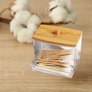 PORTA COTONETE DE ACRILICO RETANGULAR COM TAMPA DE BAMBU 8,7X7,8X7CM