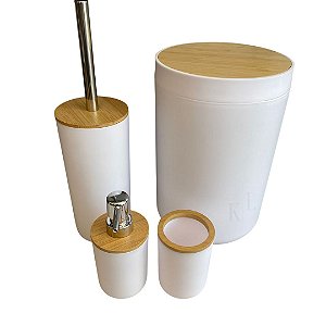 JOGO PARA BANHEIRO COM LIXEIRA + ESCOVA SANITARIA + PORTA SABONETE LIQUIDO E PORTA ESCOVA DE PLASTICO E BAMBU