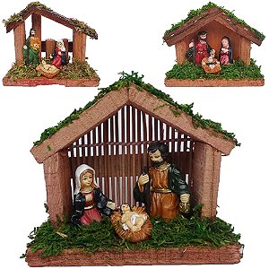 PRESEPIO DE MADEIRA COM BONECOS RESINA 11X8,5X4CM