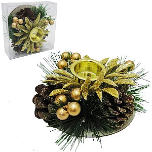 PORTA VELA NATAL CASTICAL AZEVINHO DOURADO COM PINHAS 10CM DE Ø