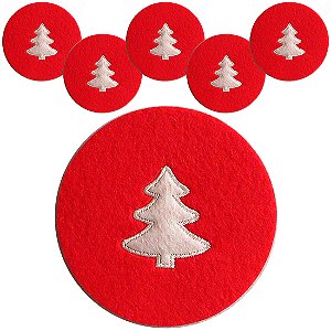 PORTA COPO DE FELTRO REDONDO ARVORE DE NATAL 10CM DE Ø COM 6 PECAS