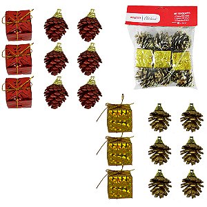 ENFEITE ÁRVORE DE NATAL PENDENTE PINHA / PRESENTE DOURADO / VERMELHO COM 9 PECAS 3,5CM