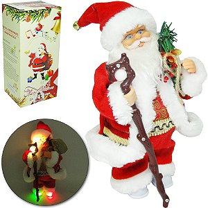NT. PAPAI NOEL MUSICAL C/MOVIMENTO + CAJADO E LUZ A PILHA 33CM NT230491 NATALKASA FX/NT