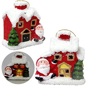 ENFEITE PAPAI NOEL CASA C/ARVORE DE PORCELANA COM LUZ 8,5X8X5CM