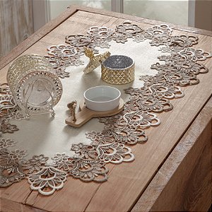 CAMINHO DE MESA RENDADO 100% PES VENEZA 0,40X0,90CM MESCLADO BRANCO E CINZA