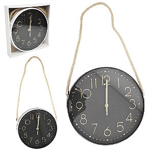 Relógio de Parede Redondo 30cm com Alça de Corda – Preto, Decorativo e Funcional