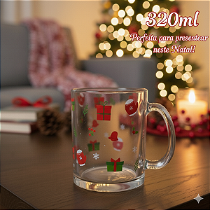 CANECA XICARA DE NATAL DE VIDRO 320ML PRESENTE NATALINO WINCY