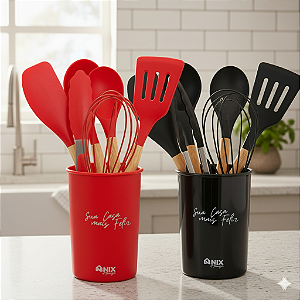 Kit Utensílios de Cozinha Silicone com Madeira 7 Peças – Concha, Colher, Espátula, Fouet, Pão Duro, Pegador e Suporte