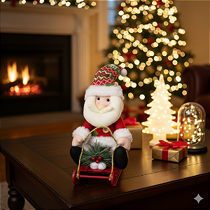 Papai Noel de Trenó 33cm Decoração de Natal em Feltro Enfeite Natalino para Sala e Estante