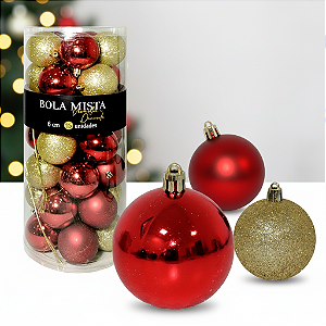 Kit Bolas de Natal Mistas 6cm (35 Peças) - Vermelho e Dourado - Fosca, Lisa, Glitter e Decorada - Decoração Árvore Natal