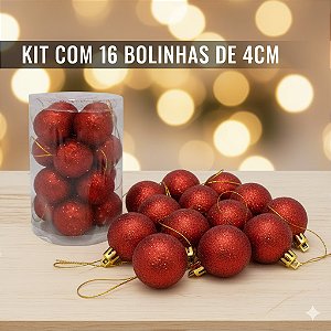 Bola de Natal com Glitter Vermelha – 16 peças no tubo (4 cm) - ENFEITE DE NATAL ARVORE DE NATAL